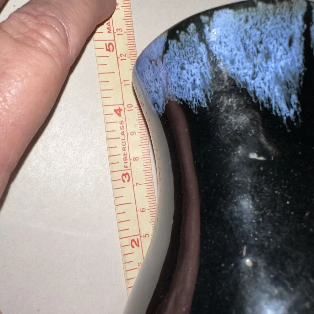 Signed ANNA VAN BRIGGLE Black Coneflower Bud Vase Blue Lava Drip Glazed Vintage